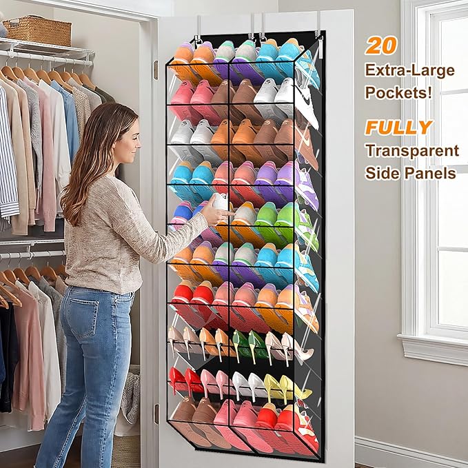 30 Pairs Over the Door Shoe Organizer, Transparent PVC Hanging Shoe Rack for Closet, 10-Tier Door Shoes Storage, Crystal-Clear Visibility Fit All the Family's Sneakers, Boots, Heels, Black Frame