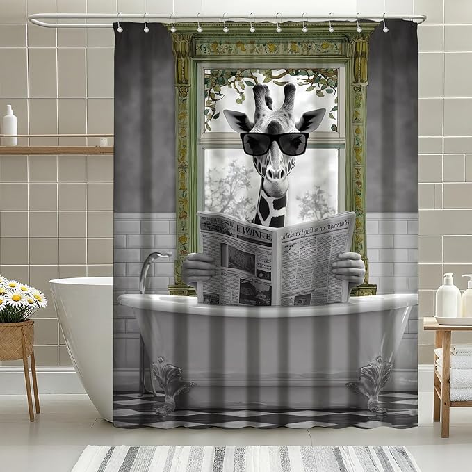 mutakin Rustic Shower Curtain Giraffe Reading Newspaper Shower Curtains for Bathroom Waterproof Fabric Bath Curtain Decor with Hooks