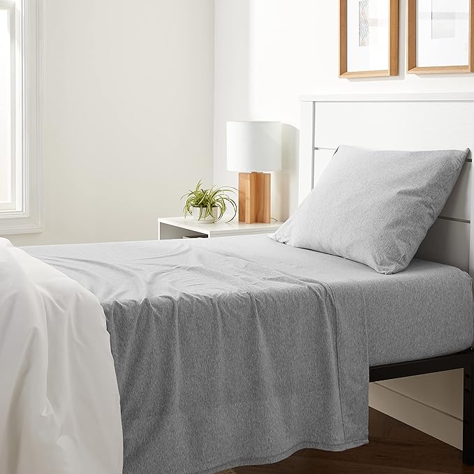 Amazon Basics 3 Piece Bed Sheets Set, 100% Cotton Jersey, Includes Super Soft, Flat and Fitted Sheets, Pillowcase, Twin, Light Gray, Solid