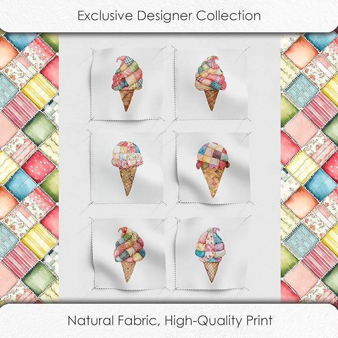 Patchwork Ice Cream Cotton Fabric Panel – 6 Designs (10×10 inch Each) + Bonus Sheet 29.5×19.6 inch, 100% Cotton 140 GSM, Made in Türkiye