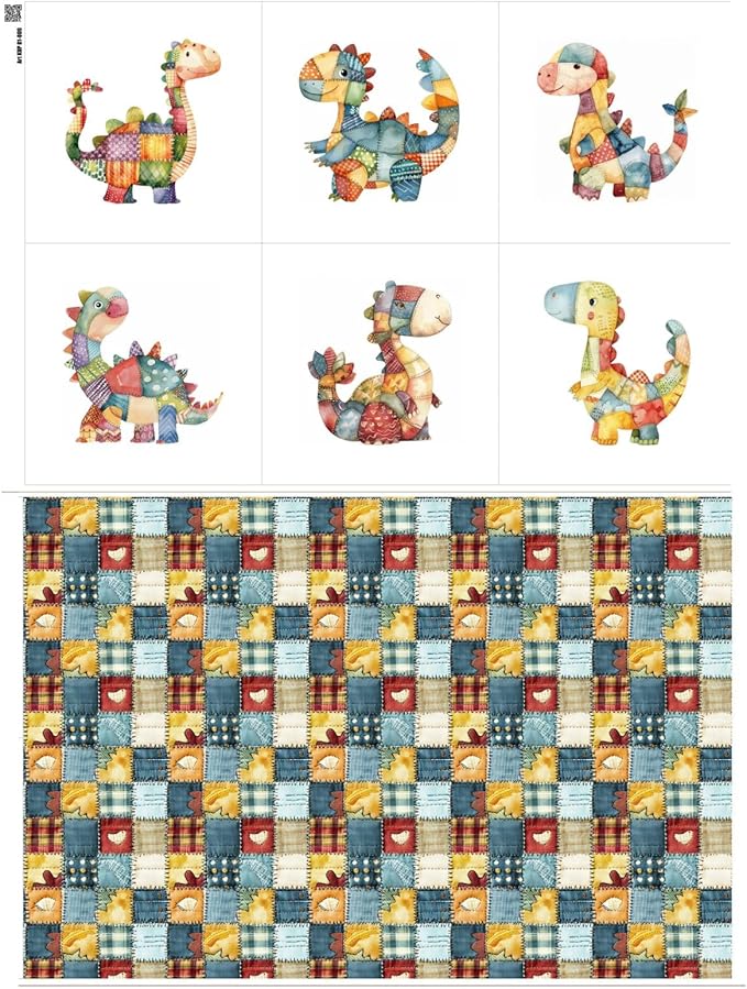Patchwork Dinosaur Cotton Fabric Panel – 6 Designs (10×10 inch Each) + Bonus Sheet 29.5×19.6 inch, 100% Cotton 140 GSM, Made in Türkiye
