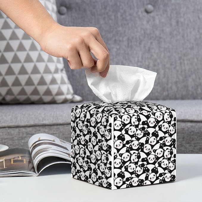 POIUBLE Cute Panda Tissue Box Cover Leather Tissue Box Holder Square Facial Paper Organizer Dispenser for Bathroom Kitchen Bedroom Vanity Countertop Night Stands