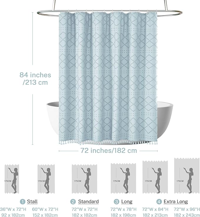 Siiluminisoy Extra Long Fog Blue Boho Shower Curtain - Woven Fabric, 72 x 84 Tufted Chevron Textured Striped Modern Farmhouse Minimalist Cloth Shower Curtain for Bathroom