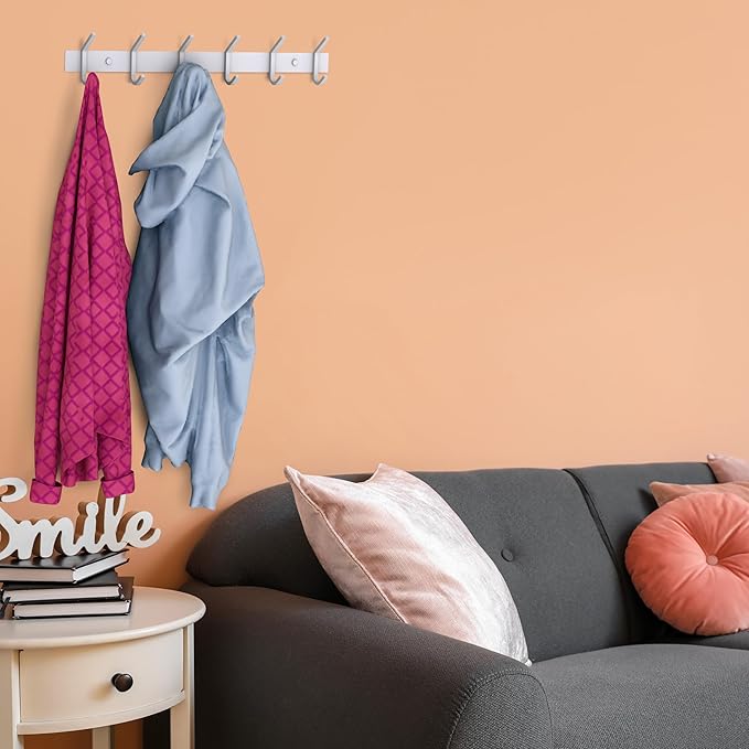 SAYONEYES White Coat Rack Wall Mount – 17 Inch Stainless Steel Hook Rail with 6 Heavy Duty Double Coat Hooks – Wall Mounted Coat Hanger for Entryway, Bathroom, Bedroom, Towel, Hat Organizer - 2 Pack