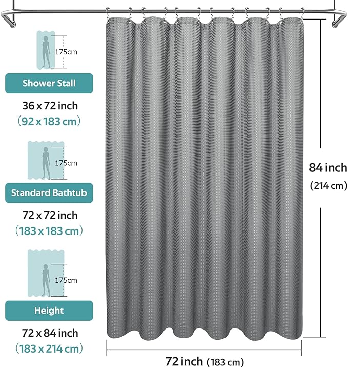 Vipfree 3 in 1 Shower Curtain Set, Waffle Shower Curtain and Liner Set with 12 Double Sided Shower Curtain Hooks, 258GSM Luxury Weighted Cloth Shower Curtains for Bathroom, 72 W x 84 H, Grey