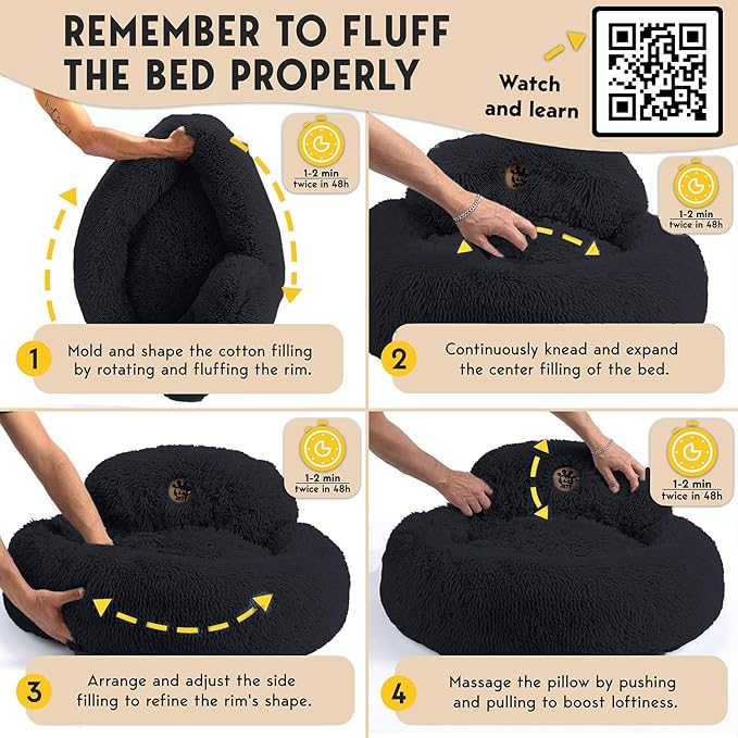 PetJett Calming Dog Beds Large Sized Dog - 36'' Round Bed, Anti-Slip & Washable Super Soft Donut Bed, Fluffy Faux Fur Anti-Anxiety Premium Comfort Pet Bed, Fits Dogs up to 80 lbs - Black