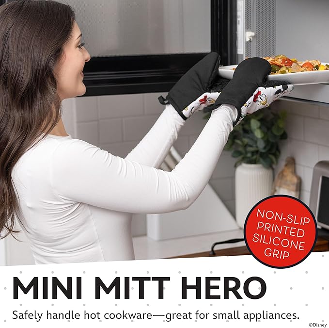 Disney Oven Mitts - 5.5” x 7.5” Heat-Resistant Mini Oven Mitts with Non-Slip Printed Silicone Disney Silhouettes - Mickey & Minnie, Stitch, Winnie The Pooh