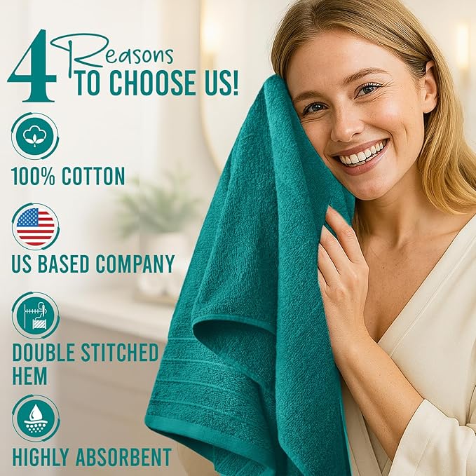 DAN River Extra Large Bath Towels Set of 4, 30 x 60 Inches - 100% Cotton Larger & Lighter Weight Towels for Bathroom - Quicker to Dry, Super Soft & Highly Absorbent Towels for Home, Teal