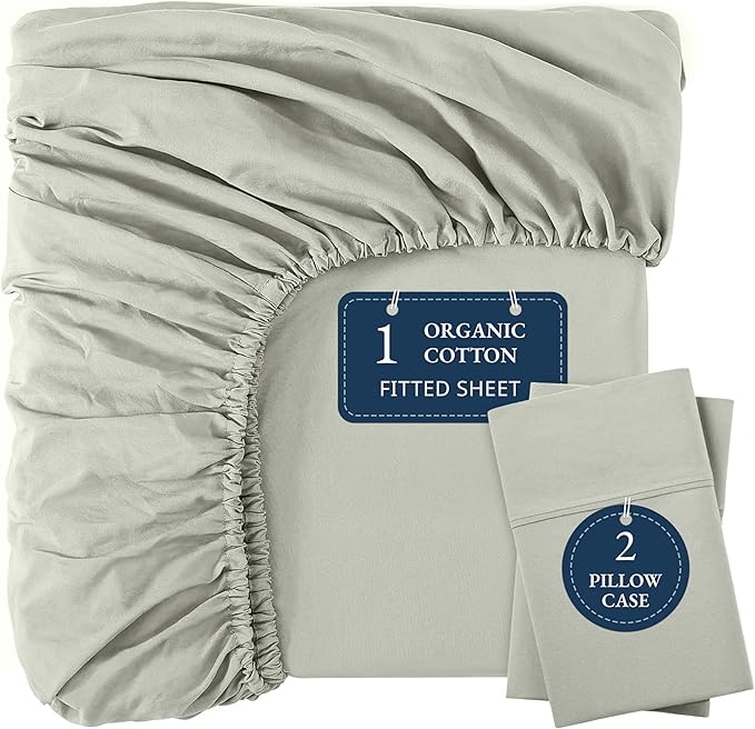 LANE LINEN 100% Organic Cotton Fitted Bed Sheets Queen Size (+Pillowcases) Soft & Comfy Percale Weave Fully Elasticized Low Pilling Fade Resistant Deep Pocket Fits Mattress Upto 15" - Mineral