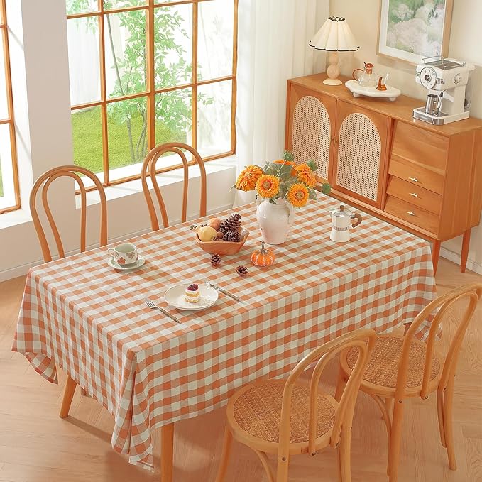 Alsoo Checkered Tablecloth Rectangle Gingham Table Cloth Washable Cotton Linen Fall Thanksgiving Buffalo Plaid Table Cover for Picnic Kitchen Dining Room, Orange and White, 60 * 75 inch
