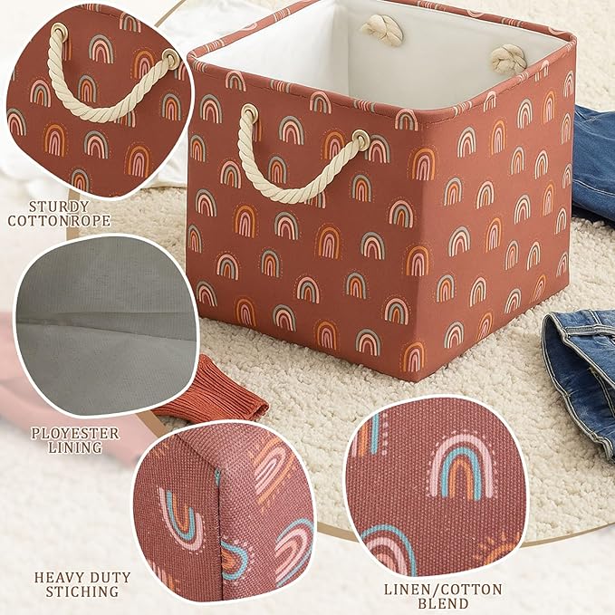Geiserailie 6 Pcs 11 x 11 Inch Cube Storage Bins Fabric Storage Organizer Bins Foldable Cube Baskets with Sturdy Carry Handles Wicker Baskets for Home(Boho Rainbow)