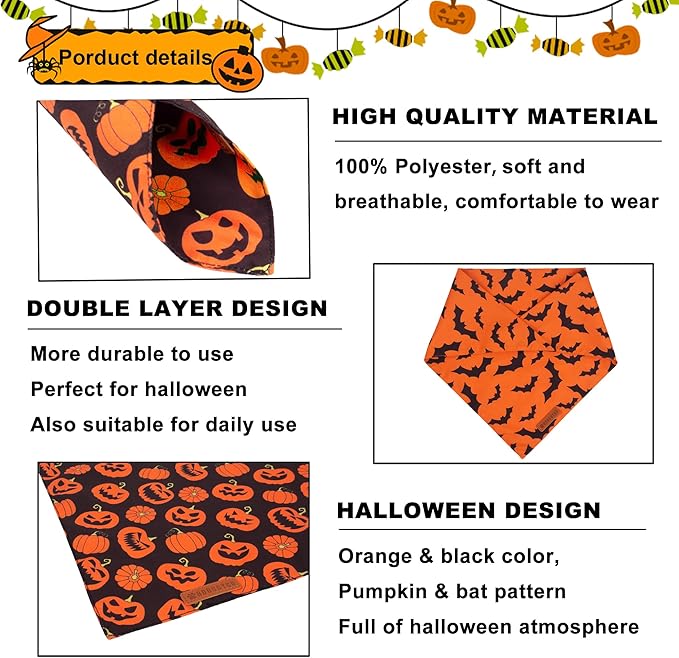 ADOGGYGO Halloween Dog Bandana, Pumpkin Bat Pet Scarf, Premium Durable Fabric, Orange Black Halloween Bandanas for Large and Extra Large Dogs Pets (X-Large)