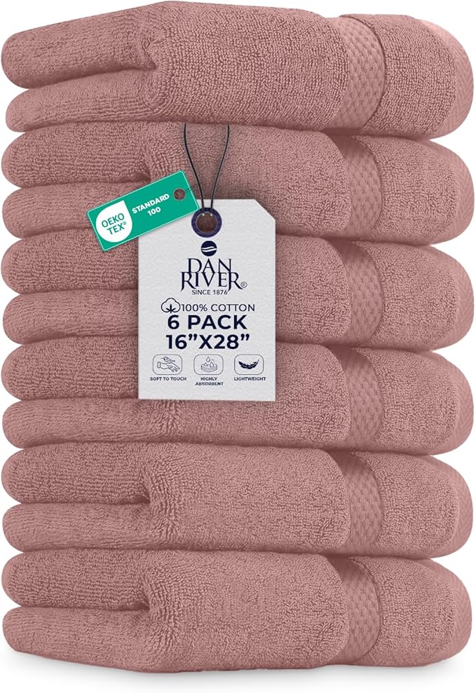 DAN RIVER 6-Pack Premium Hand Towels (16x28 Inches) - 100% Cotton, Ultra Soft, Lightweight, Highly Absorbent Towels for Bathroom, Spa, Gym, Salon, Hotel, and Travel - Dusty Pink
