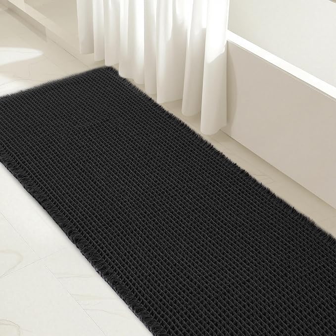 SUBRTEX Waffle Braided Bath Mat, 24" x 55" Soft Waffle Bath Rugs, Absorbent Non Slip Bathrooom Mats, Machine Washable Area Rug for Bathroom, Quick Dry, Black