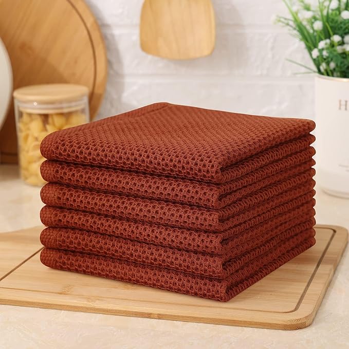 Kitinjoy 100% Cotton Kitchen Dish Cloths, 12 Pack Waffle Weave Ultra Soft Absorbent Dish Towels for Drying Dishes Quick Drying Kitchen Towels Dish Rags, 12 X 12Inch, Rust