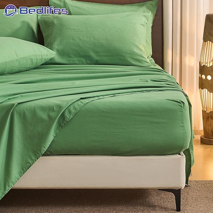 Bedlifes 100% French Pure Linen Sheets Queen Size Breathable and Cooling Flax Sheet Set Soft Durable and Moisture Wicking 16 Inch Deep Pocket-4 Piece(Queen,Sage Green)