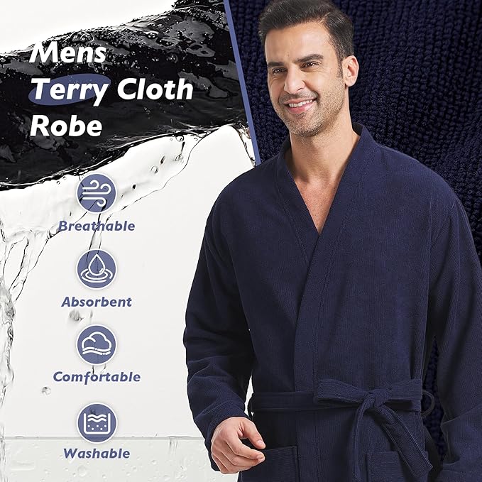 FashGudim Terry Cloth Robes for Men Big and Tall Short Mens Kimono Robe Super Absorbent Spa Bathrobe Calf Length With Pockets