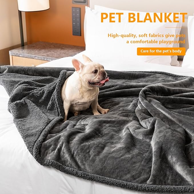 Maidewow Gray Fluffy Dogs Blanket for Bed Cover,85x85in Super Big Waterproof Sherpa Fleece Blankets for Queen King Size Beds Leakproof Sofa Couch Cover for Warm Washable Mat- Gray, XXL-85x85in