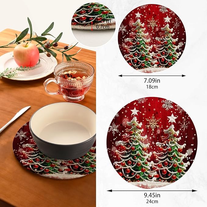 Boccsty Two Merry Christmas Trees Trivet Mat 2PCS Winter Snowflake Red Round Woven Potholders Kitchen Table Countertop Protector Hot Pads Farmhouse