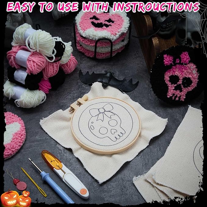 Yaomiao 6 Pcs Halloween Punch Needle Coaster Kit Punch Needle Embroidery Kits with Patterns Yarns Tools Adhesive Felt Embroidery Hoop Instruction Holder for Adult DIY Craft Supplies