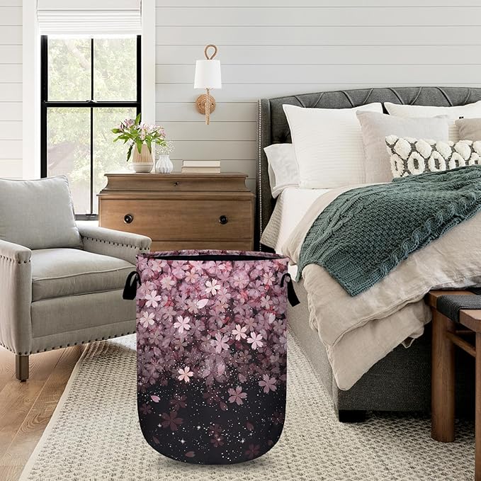 Pink Cherry Blossom Laundry Basket with Sturdy Handles, Glitter Flower Collapsible Oxford Cloth Laundry Hamper Organizer Basket for Bathroom Bedroom 15.7x20 Inch