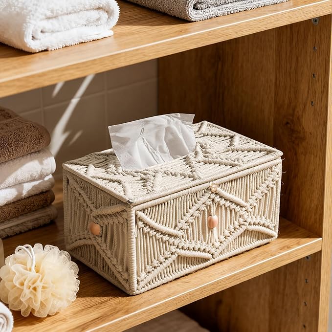 KaloKalo Handmade Tissue Box Cover Rectangle Decorative Macrame Boho Tissue Holder Cotton Rope Woven Napkin Facial Paper Organizer Bohemian Desk Storage Container with Buckle Wood Beads (Ivory)