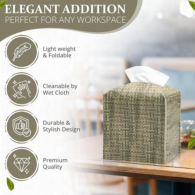 PU Leather Square Tissue Box Cover with Woven Pattern, Cube Tissue Box Holder with Bottom Belt, Perfect Decorative Organizer for Tabletop, Car, Office, Bathroom (Beige Olive Green)