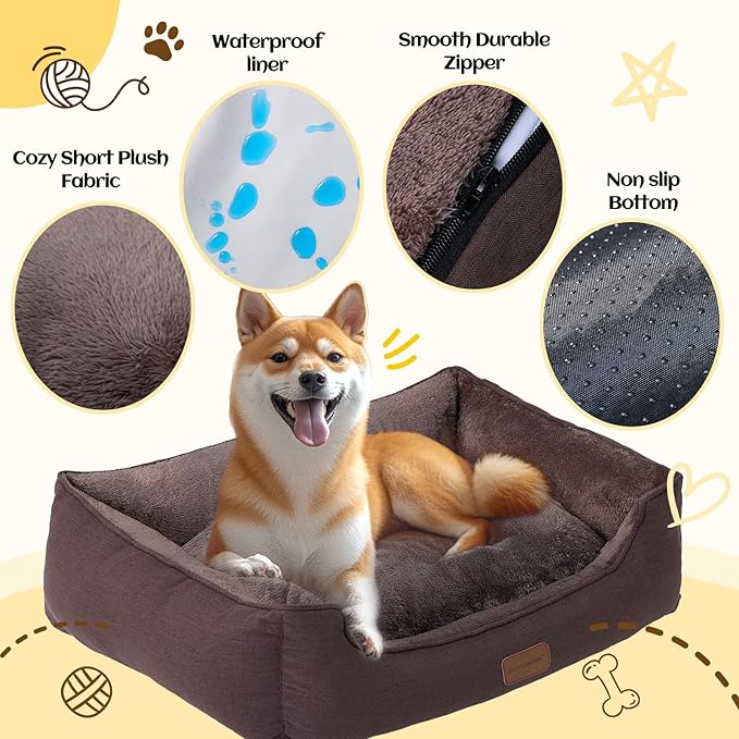 OUPEIWAWA Rectangle Dog Bed for Large Medium Small Dogs Washable Pet Bed with Bolster Sides Non-Slip Bottom Pet Sofa Waterproof Lining Durable Pet Cuddler, Dark-Brown, 33x 26x 7.5
