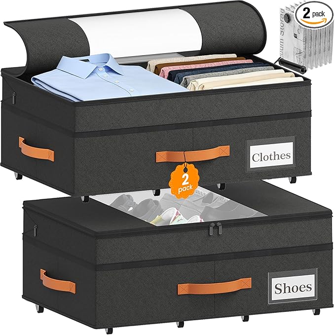 TOSKING Under Bed Storage with Wheels (2 Pack), Adjustable Height 7.9"-10.2", 6 Vacuum Bags, Expandable Rolling Underbed Bins, 600D Oxford Fabric, Drawer Organizer for Clothes, Shoes, Toys, Black