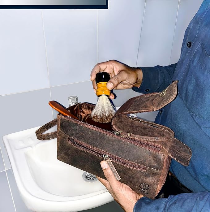Rustic Town Leather Wash Bag for Men - Travel Toiletry Bag - Shaving Dopp Kit Toiletries Organizer - Leather Makeup Bag for Women