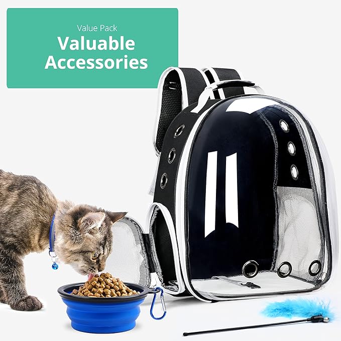 Cat Backpack Carrier with Collapsable Dog Bowl, Cat Collar & Interactive Cat Toy (4 Pcs Set)- Airline Approved Bubble Carrying Bag for Medium Dogs & Cats, Animal Carrier Backpacks, Pet Backpack |Black