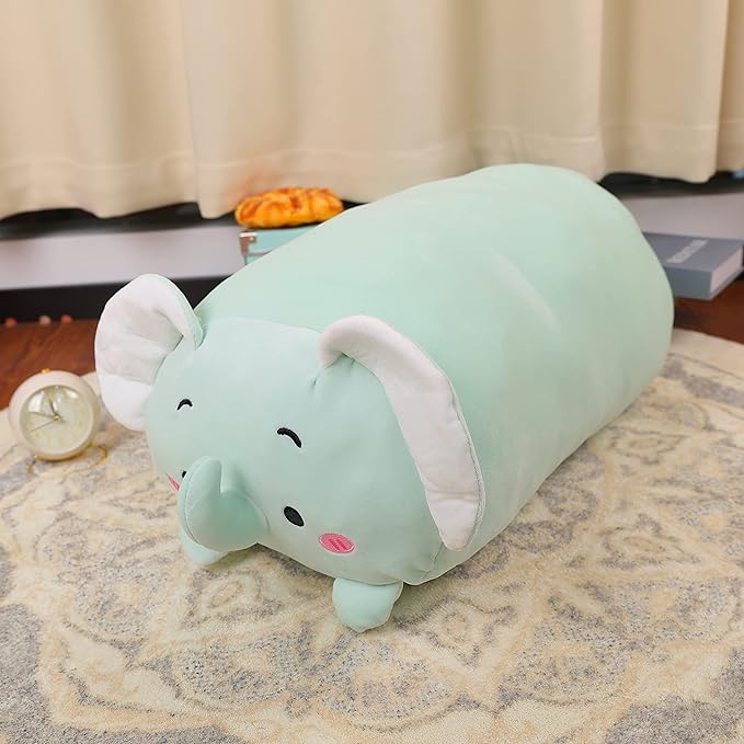 TemBe 23.6 inch Cute Large Elephant Plush Stuffed Animal Pillow, Very Soft Squish Mellow Hugging Toy Gifts for Bedding, Kids Sleeping Cute Pillow (Green Elephant)