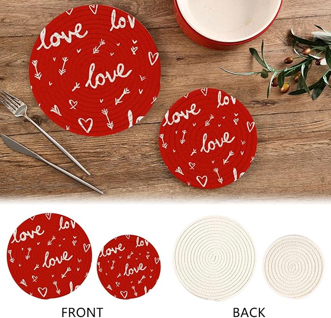 Valentine's Day Hearts Arrows Trivet Mat 2PCS Round Woven Potholders Kitchen Table Countertop Protector Hot Pads Farmhouse Coasters Counter Mats for Cooking Baking