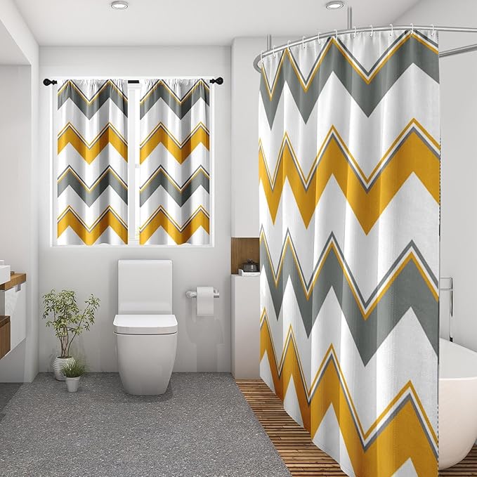 Culudea Chevron Striped Yellow Gray Modern Waffle Textured Cloth Shower Curtain Set, Zig Zag Wave Farmhouse Bathroom Window Waterproof Shower Curtains for Bathroom Decor
