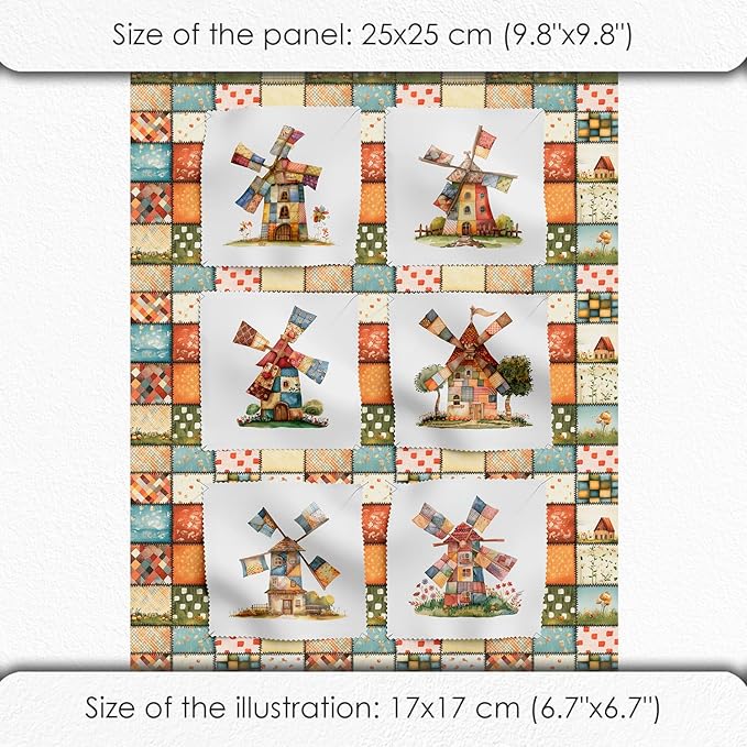 Patchwork Fabric Panel with Windmill Designs – 100% Cotton Satin, 6 Printed Panels 9.8”×9.8” + Patchwork Sheet 29.5”×19.7”, Single Continuous Cloth for Quilting & Sewing