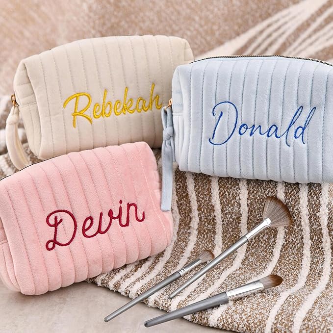 MYDREAMY Personalized Velvet Makeup Bag with Name, Custom Embroidered Cosmetic Bags for Women Girls, Initial Quilted Makeup Bag,Travel Toiletry Pouch, Gifts for Bride Bridesmaid, Birthday, Wedding