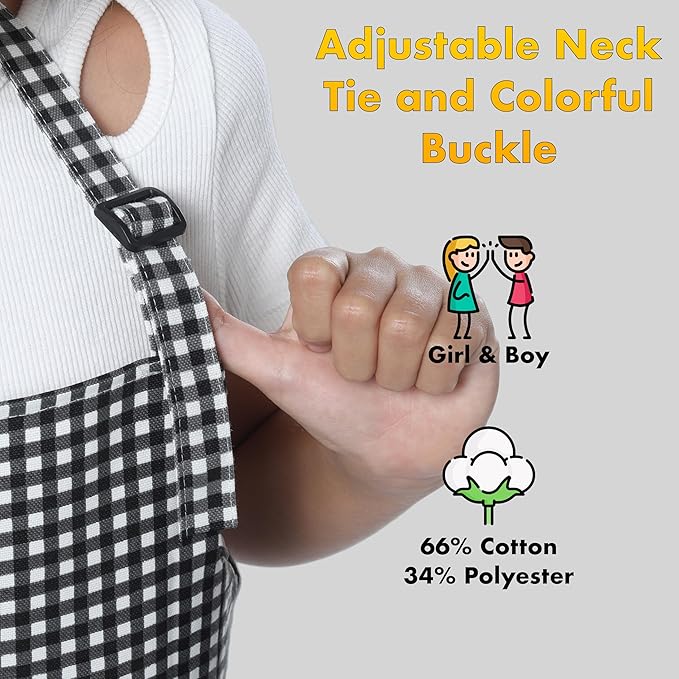 Kids Aprons for Cooking Waterdrop Resistant Aprons for Girl & Boy Toddler Apron for Painting, Gardening, Baking, Smock (Plaid Black, Medium (6-10 years)