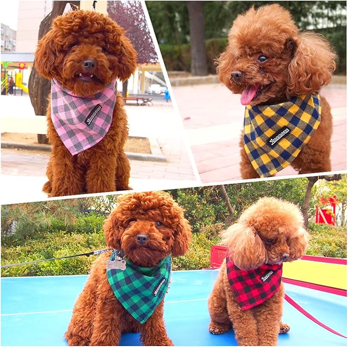 Adjustable Plaid Dog Bandanas,1PC Soft Washable Cotton Triangle Bib Kerchief Scarfs for Small Medium Large Dogs and Cats (Square Yellow, Large)
