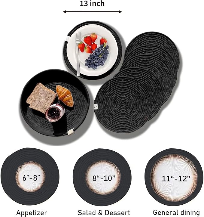Art PineCone's Woven Cotton Rope Round Placemats Set of 4 with Holder Included, Non-Slip, and Heat Resistant Shabby Chic Placemats (Black, 13 inches, 6PC)