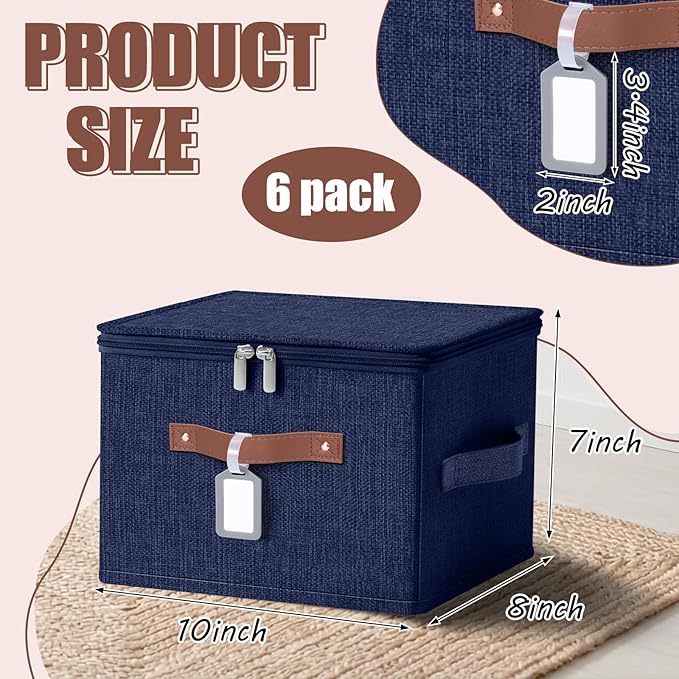 Fiwochic 6 Pack Fabric Storage Bins with Lids and Label, 10×8×7Inch Foldable Cotton Linen Cute Storage Boxes with PU Leather Handles for Closet, Bedroom, Shelf, Nursery, Dark Blue