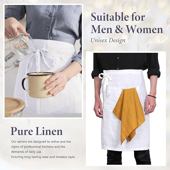 Pure Linen Bistro Half Apron - 25 x 35 Inch Unisex Waist Aprons with Large Pocket Ideal for Kitchen Crafts and More