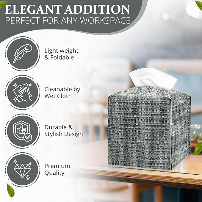 Tissue Box Cover, PU Leather Tissue Box Holder with Bottom Belt, Modern Square Tissue Box Covers with Wide Opening (Black Gray, Woven Patterns)