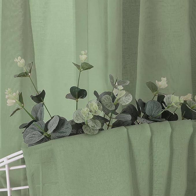 Tollpiz Sheer Curtains Linen Textured Living Room Curtain Sheers Light Filtering Rod Pocket Voile Curtains for Bedroom, 42 x 63 inches Long, Sage Green, Set of 2 Panels