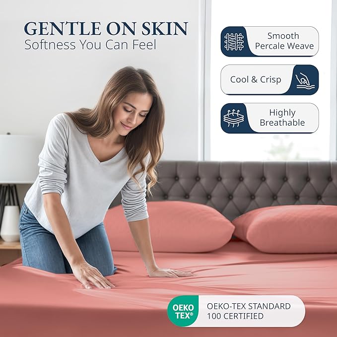 LANE LINEN 100% Organic Cotton Twin Fitted Sheet, 2-Piece Set (1 Fitted Sheet, 1 Pillowcase), Percale Weave, Lightweight, Soft, Breathable, Fits Mattress Upto 15' Deep - Rose Dawn (No Flat Sheet)