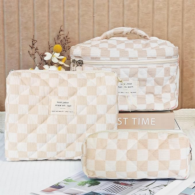 Quilted Cosmetic Bag Large Capacity Travel Cosmetic Bag for Women and Girls Aesthetic Storage for Daily and Travel Use (3pcs-browncheckered)