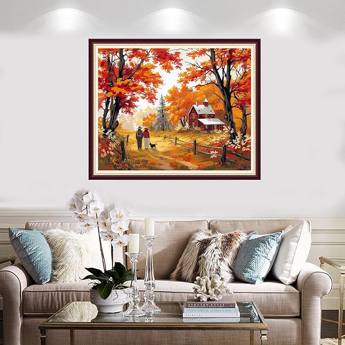 Foxnyart Stamped Cross Stitch Kits Full Range of Embroidery Needlework Starter Kits for Beginners Adults 11CT Embroidery Patterns Art Crafts DIY Needlepoint Kit-Golden Homeland Late Autumn 16x20 inch