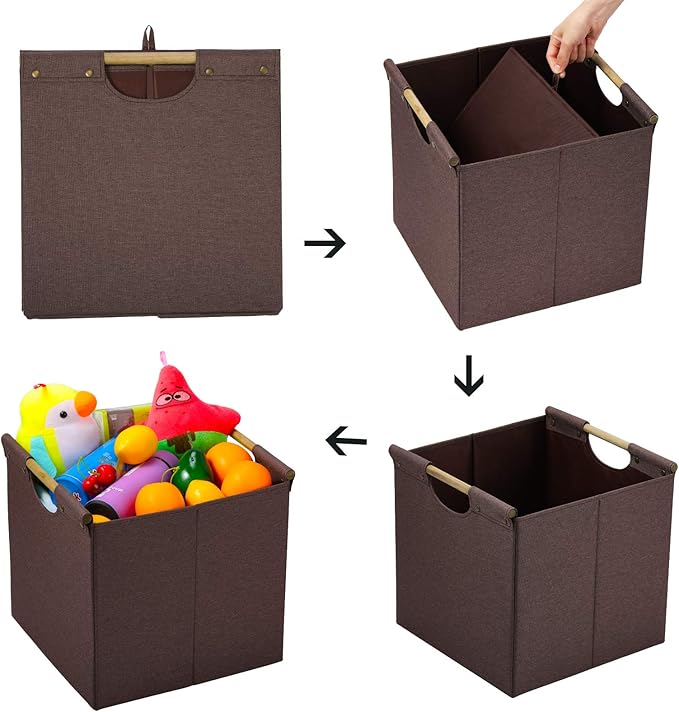 HOONEX Collapsible Storage Bins, 13x13x13 Inches Storage Cubes Linen Fabric, 3 Pack, Storage Baskets with Wooden Carry Handles and Sturdy Heavy Cardboard, for Home, Office, Car, Nursery, Brown