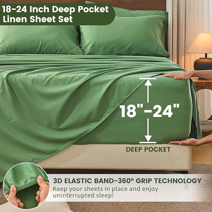 Bedlifes 100% French Linen Sheets Queen Size 18-24" Extra Deep Pocket 4-Piece Set Breathable & Moisture-Wicking,Soft & Durable Sheets for Thick Mattresses(Sage Green)