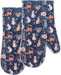 Oven Mitts Set of 2 with Transparent Clear Silicone Shell and Nice cat Printing Cotton Lining, Heat Resistant to 500 F Kitchen Oven Gloves Pot Holder for Cooking (Navy, Cat, Oven Mitts)
