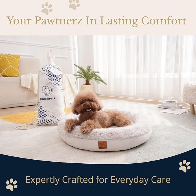 pawtnerz Round Donut Dog Bed – Luxury Orthopedic Dog Beds with Memory Foam – Calming Bolster Pet Bed, Water-Resistant, Washable Plush Cover, Premium Zipper – Small, Medium Dogs & Cats (25 Inches)